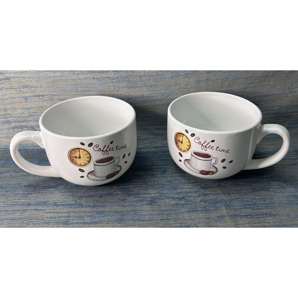 Trista 2 Piece Jumbo Coffee Time Oversized Ceramic Mug Cups Large White Set